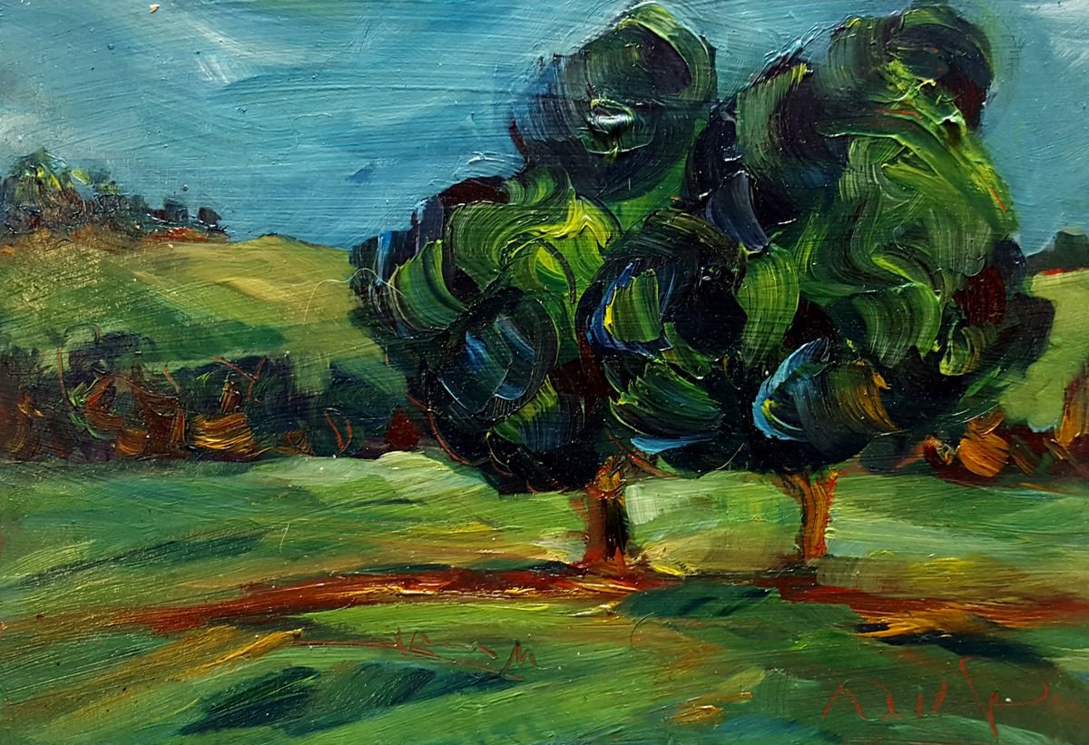 Two green trees standing in a Wicklow field by Niki Purcell - Irish Landscape Painting