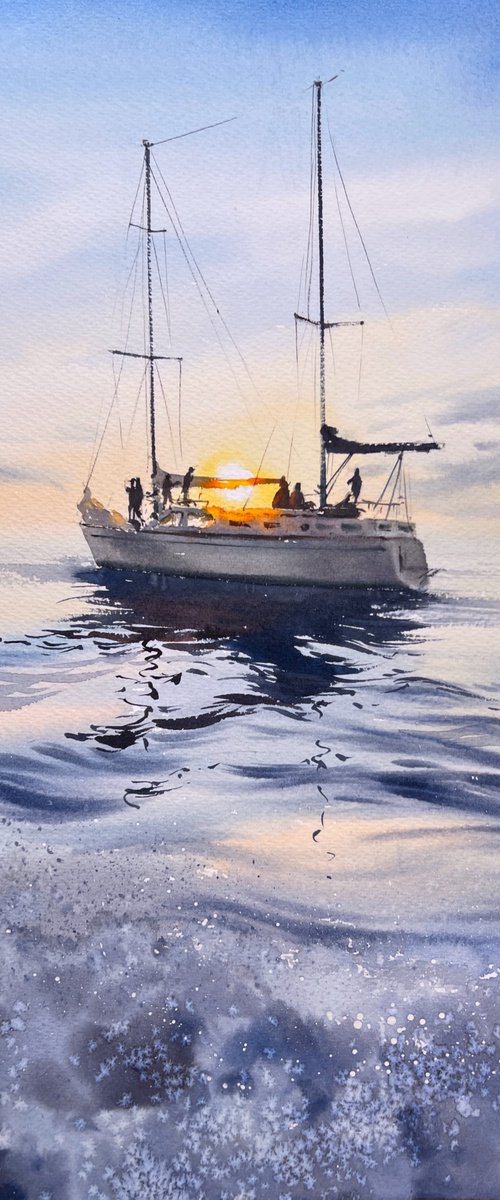 Yacht at sea at sunset. Sailors #2 by Eugenia Gorbacheva