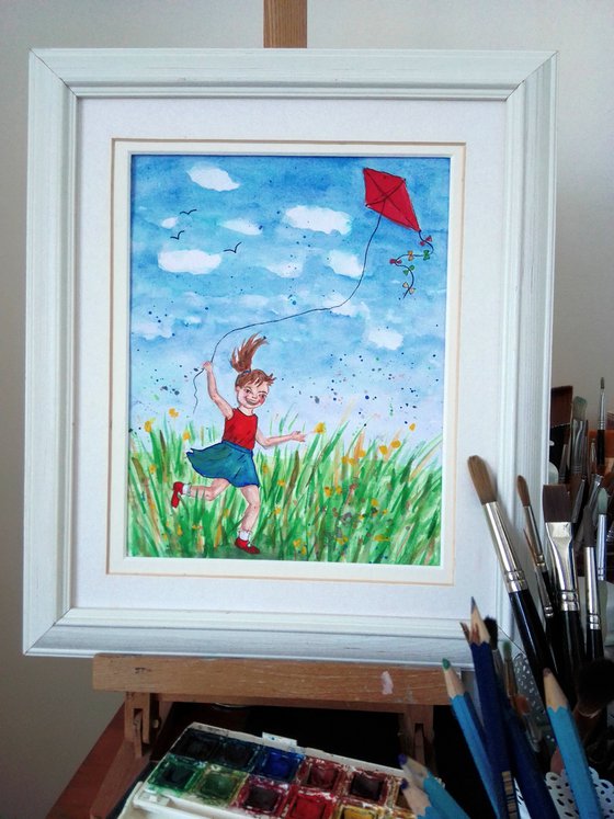 Little Girl Flying a Red Kite.