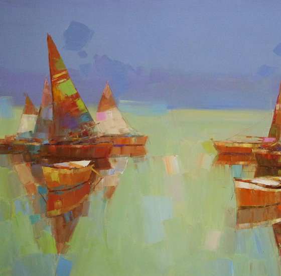 Sail Boats, Contemporary art,  Handmade oil painting Original artwork One of a kind