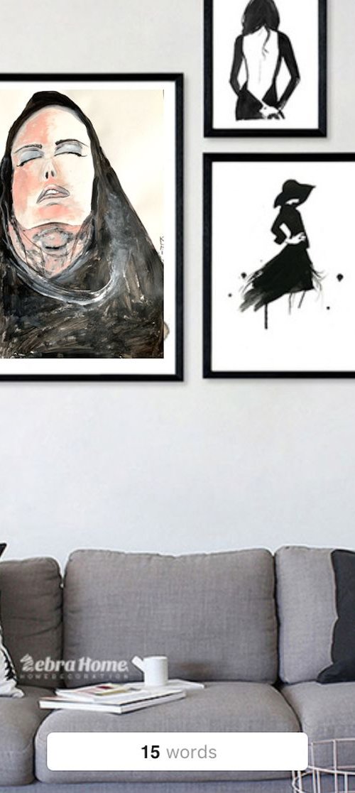 Black and White Art / Painting of Woman / Portrait / Original Artwork / Black and White Painting / Gifts For Him / Home Decor Wall Art 11.7"x16.5" by Kumi Muttu