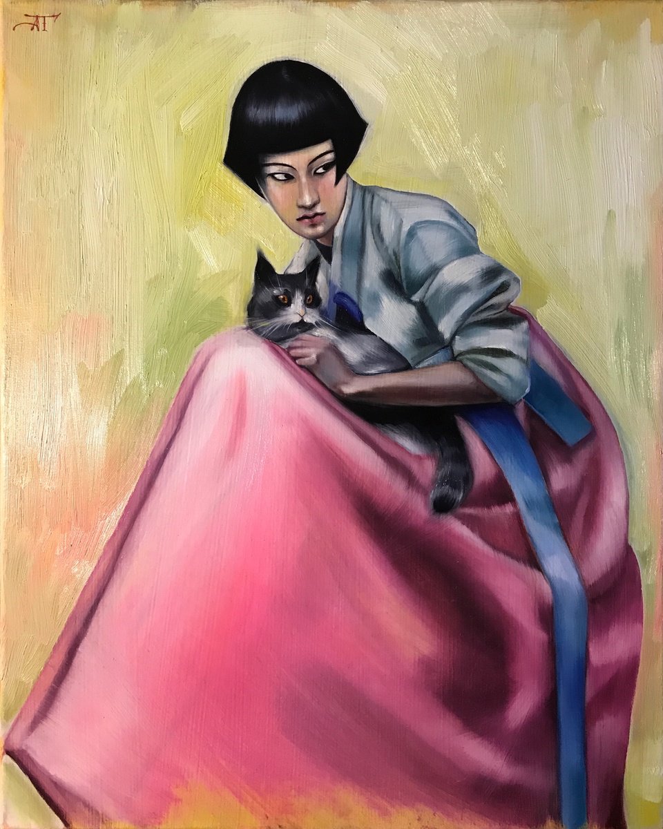 Impressionistic Portrait Oil Painting By Anastasia Terskih, 16 X 20, Girl With A Cat, Original Artwork