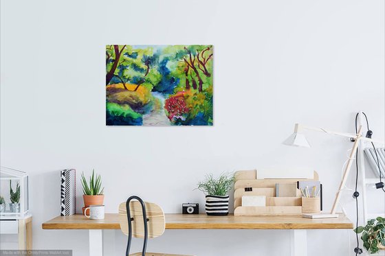 Blooming forest abstract landscape, original watercolor painting, Botanical garden