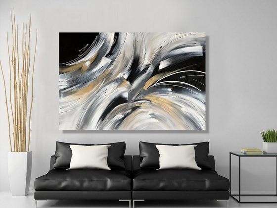 Wild and Free - XL LARGE;  GOLD, BLACK & WHITE ART; MODERN ABSTRACT ART – EXPRESSIONS OF ENERGY AND LIGHT. READY TO HANG!