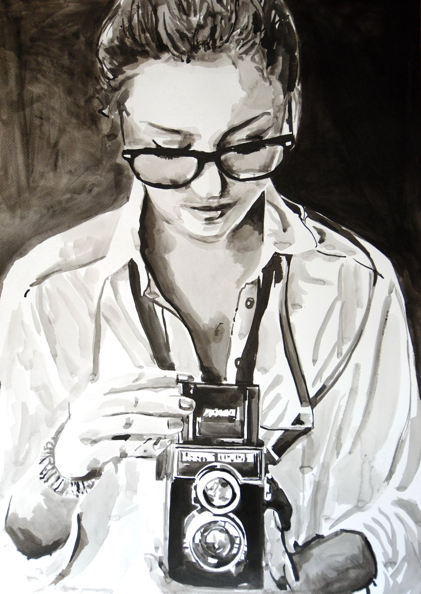 Urban And Pop Portrait Ink Drawing By Alexandra Djokic, 20 X 28, Girl With Camera, Original Artwork