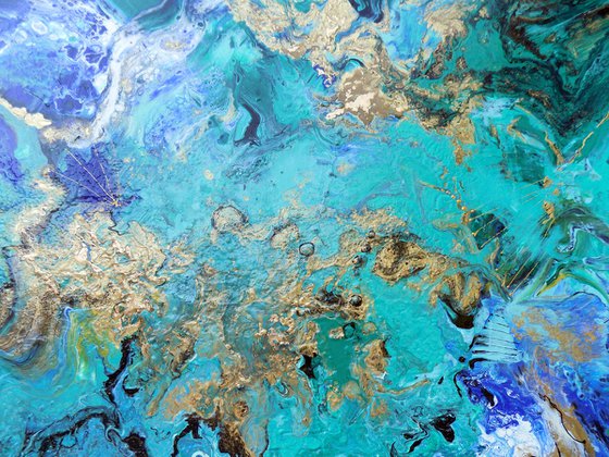 Modern abstract art blue green gold metallic painting ocean colors - Summer Holidays