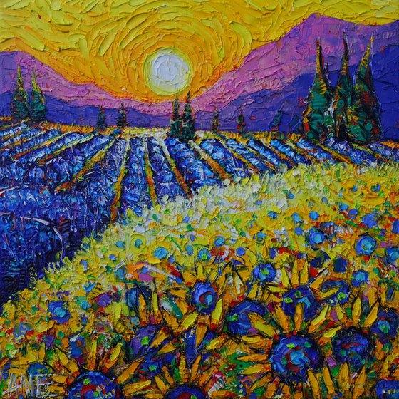PROVENCE SUNRISE COLORS textural modern impressionist semi abstract landscape impasto palette knife oil painting by Ana Maria Edulescu
