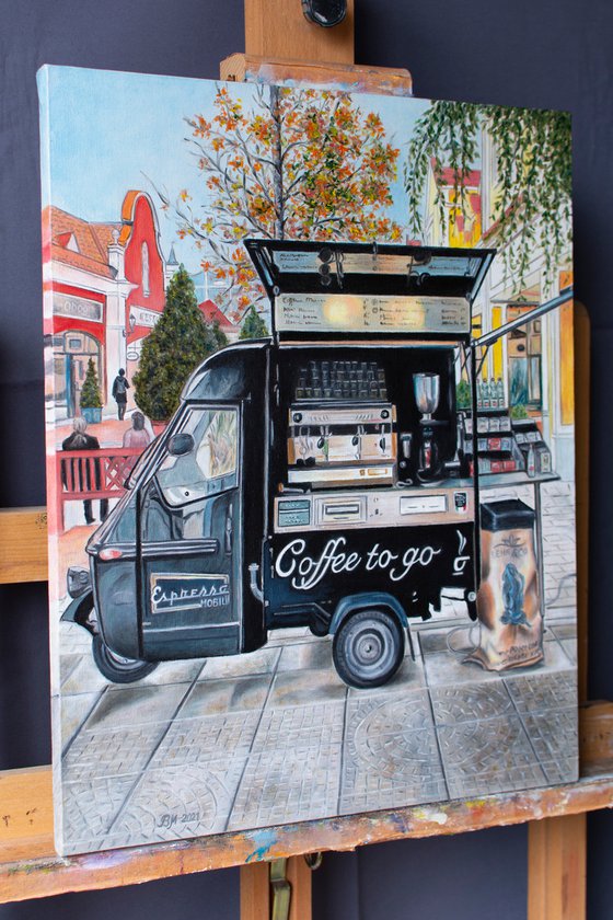 COFFEE TO GO by Vera Melnyk - (sityscape oil painting, Modern Home Decor, gift, New York Lovers, Wall Art, Barista, life style, coffee time)