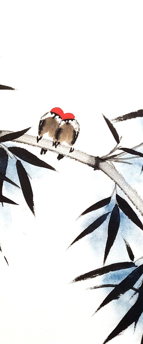 Two birds on a bamboo branch by Ilana Shechter