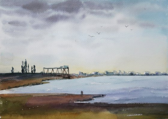 Watercolor painting Landscape River Coast