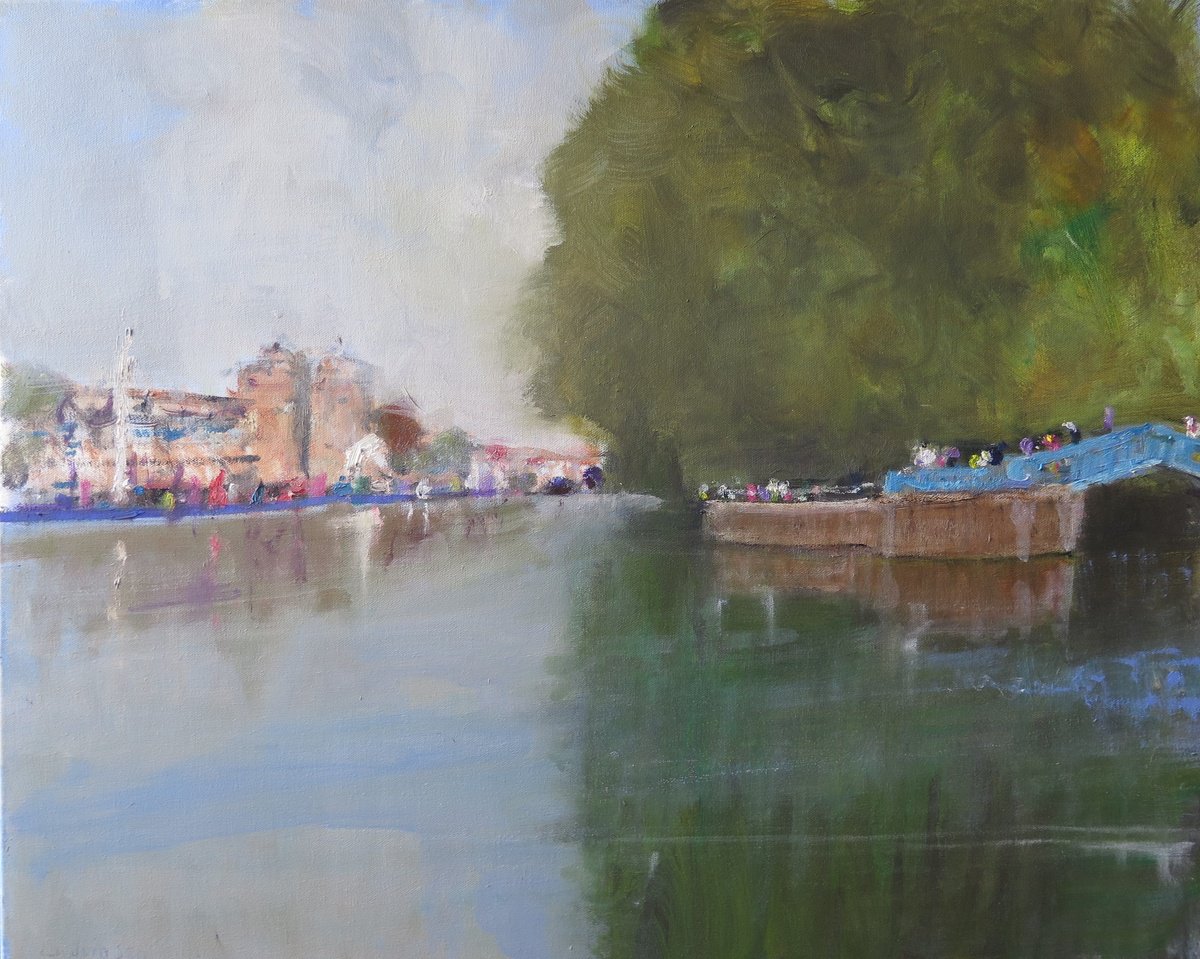 Impressionistic Landscape Oil Painting By Malcolm Ludvigsen, 30 X 24", Blue Bridge, York, Original Artwork