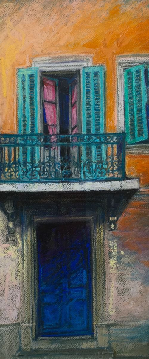 blue shutters and balcony in France by Patricia Clements