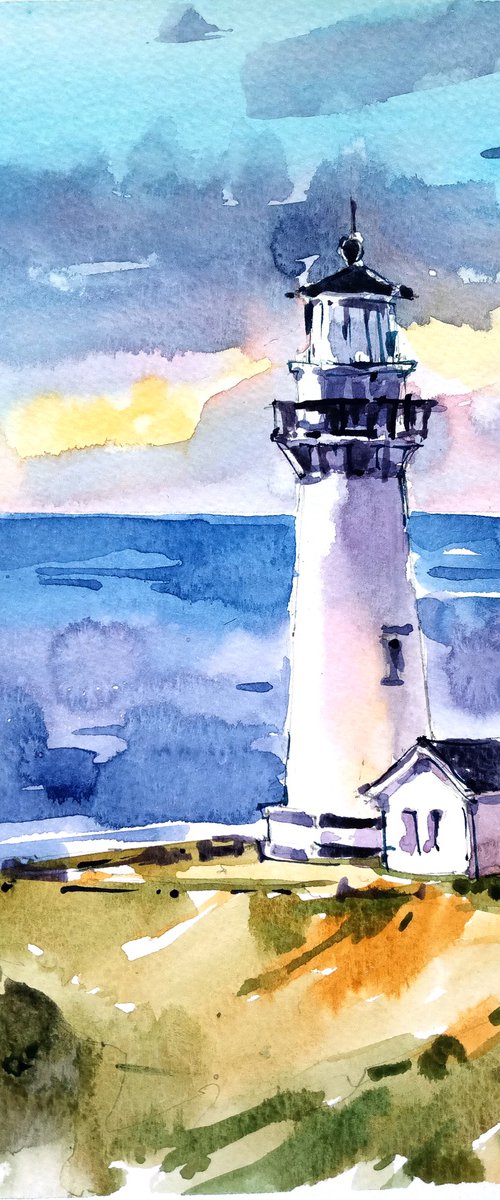 Architectural seascape "Sunset. Lighthouse" original watercolor artwork in square format by Ksenia Selianko