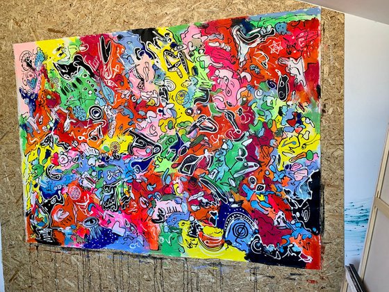 78''x53''(200x135cm), Life in Colors 11, blue, pink, cream, green black, texture, land earth colors canvas art  - xxxl art - abstract art painting- extra large art