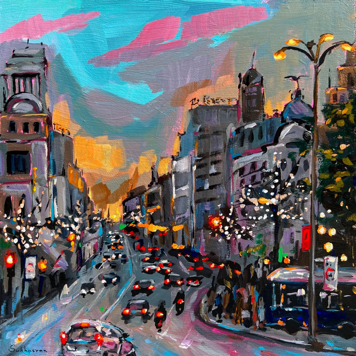 Impressionistic Abstract Acrylic Painting By Victoria Sukhasyan, 10 X 10", Sunset In Madrid. Cityscape, Original Artwork