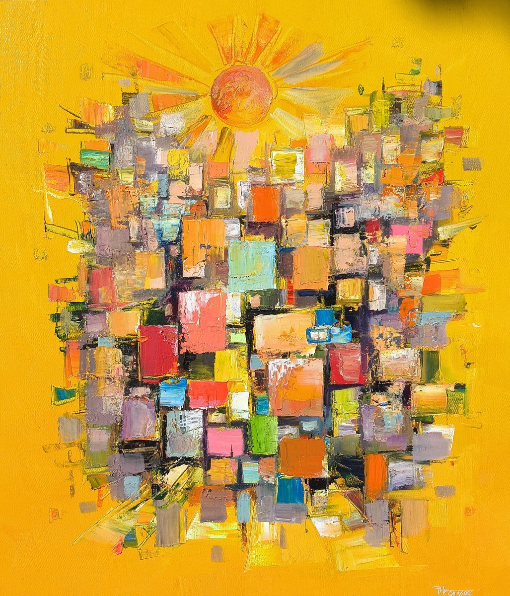 Abstract Cityscapes Oil Painting By Hayk Miqayelyan, 24 X 28, Sun Over The Mosaic City, Original Artwork
