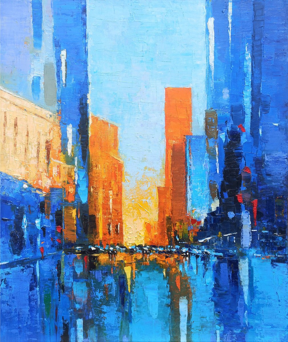 Abstract Cityscapes Oil Painting By Narek Qochunc, 20 X 24", Sunset Over Skyscrapers, Original Artwork