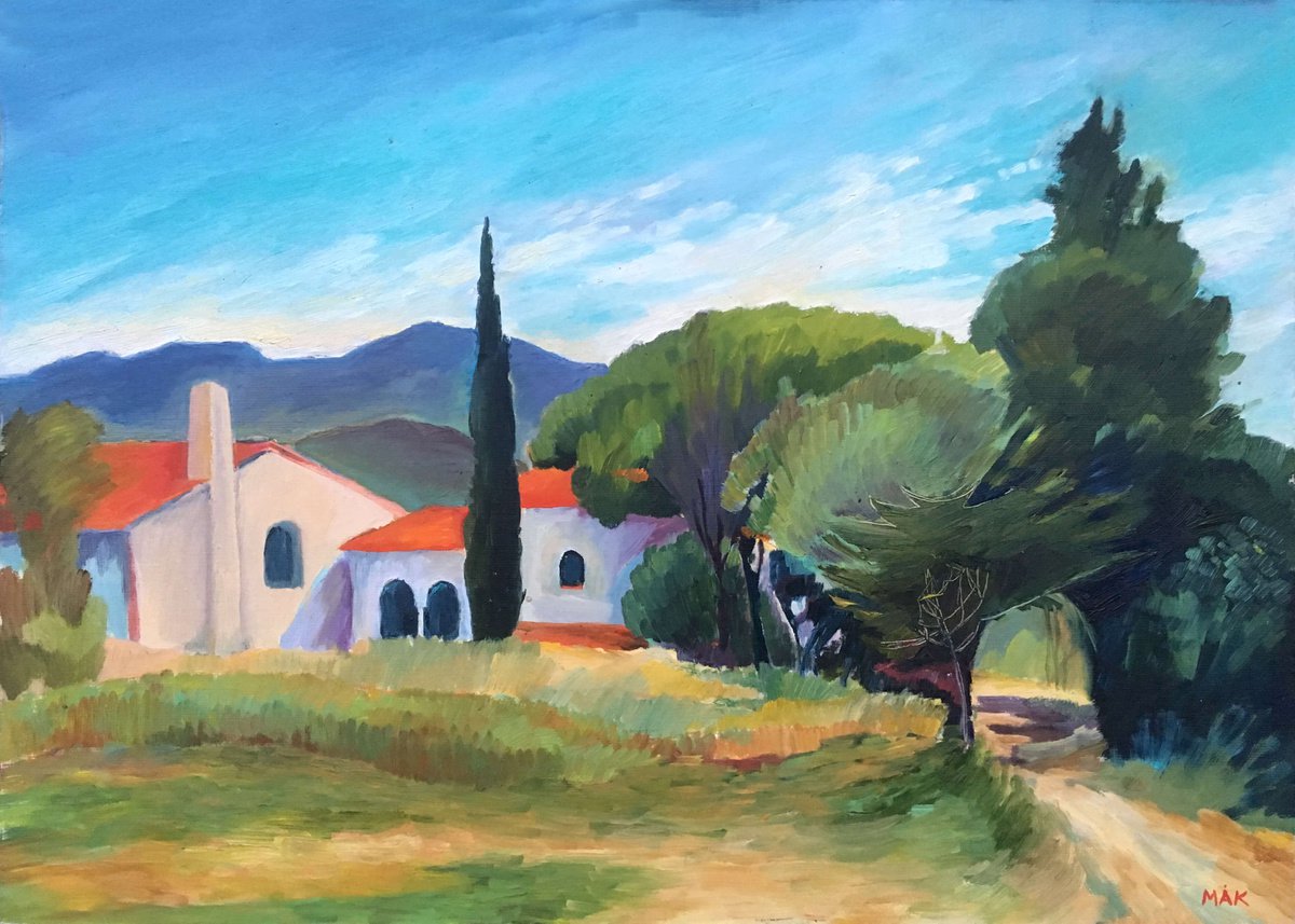 SPAIN. ONCE ON A SUNNY DAY - Spanish landscape with a cypress and houses with red roofs gi... by Irene Makarova