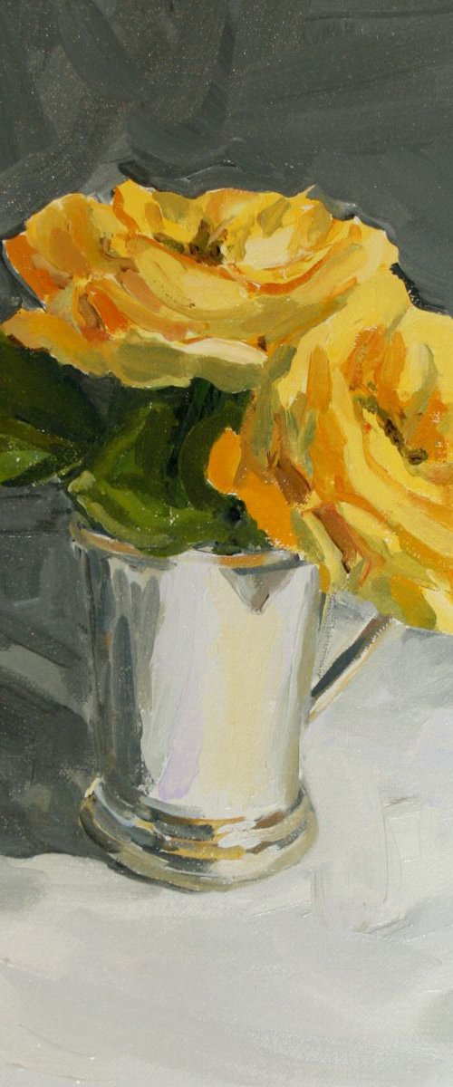 Yellow roses in silver cup by Katharine Rowe