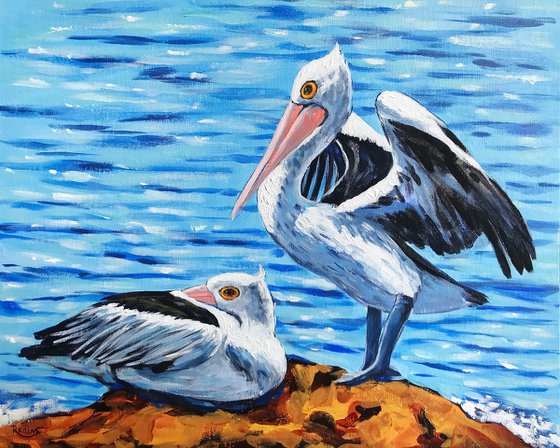"Let's Go Fishing" – Australian Pelicans at the beach – framed