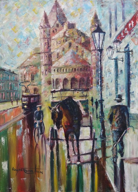 'HISTORIC SCENE IN NEUMARKT, COLOGNE, GERMANY’ - Cityscape Oil Painting on Canvas