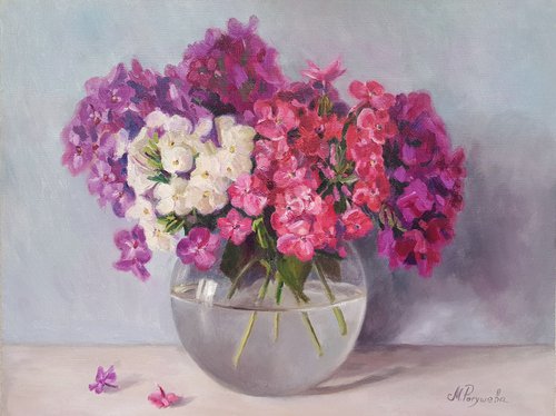 Phloxes in a glass vase original oil painting by Marina Petukhova