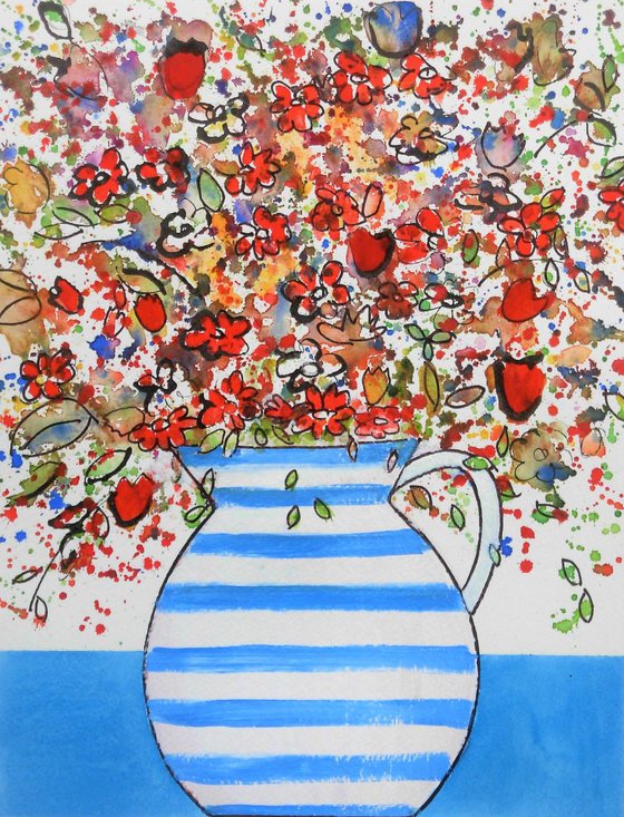 Spring Flowers in a Striped Jug