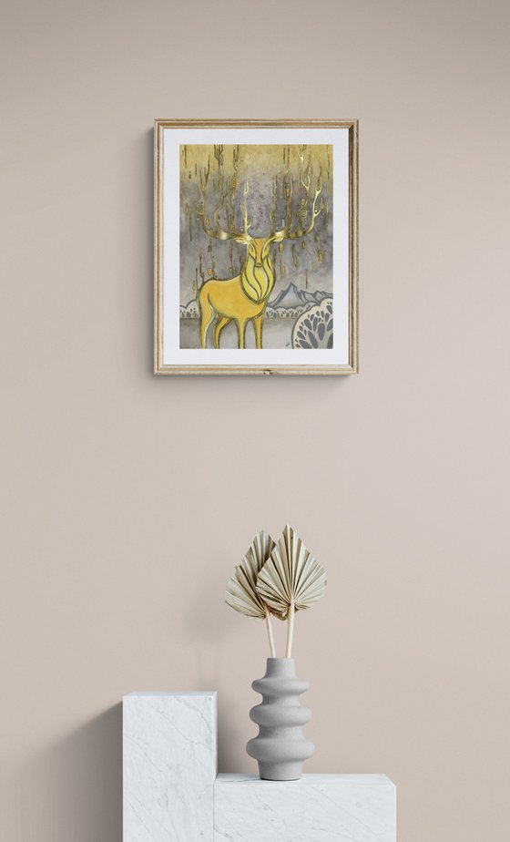 Golden deer, yellow deer on gray backgraund, gold leaf