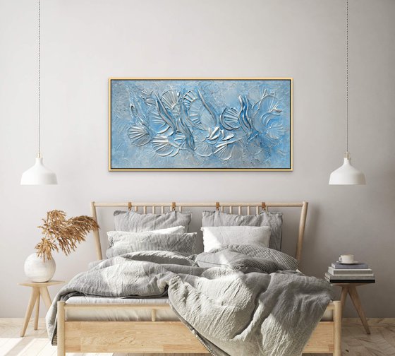 BEACH DREAM. Abstract Blue, Silver Textured 3D Art, Coastal Painting