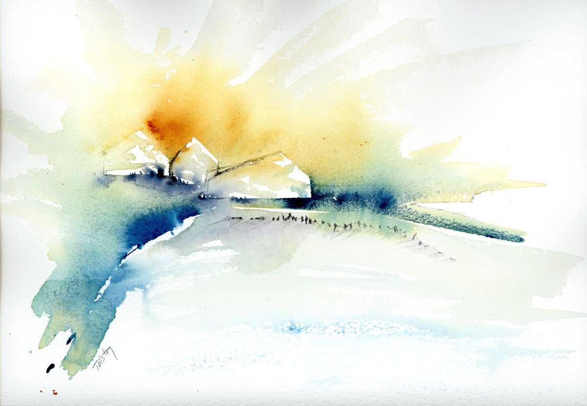 Impressionistic Landscape Watercolour By Alex Tolstoy, 12 X 8, Blue Farm, Original Artwork