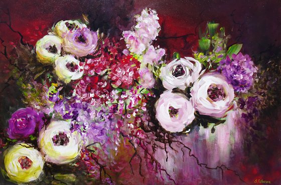 Pink Roses White Hydrangeas Abstract Floral Landscape Painting. Red Purple Flowers Art. Modern Impressionistic Art