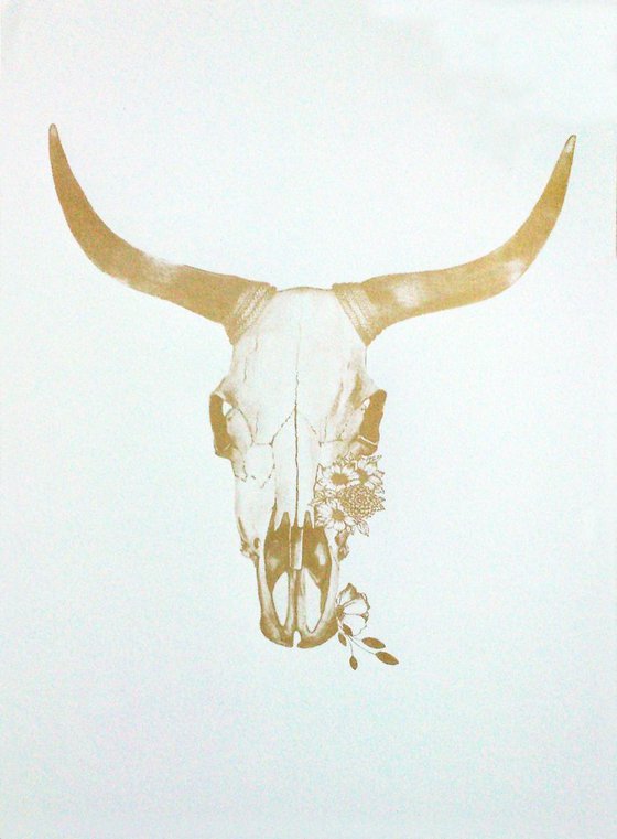 Cow Skull with Golden Flowers