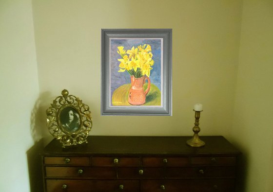 Daffodills in an antique jug - oil painting