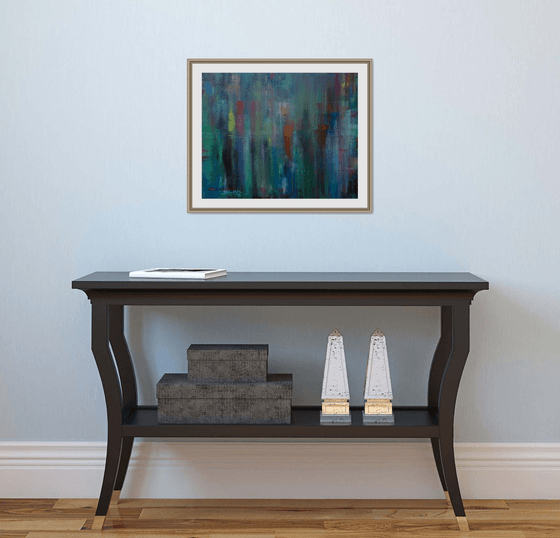Cascading, Original Abstract Painting, dark colors blue and grays oil canvas