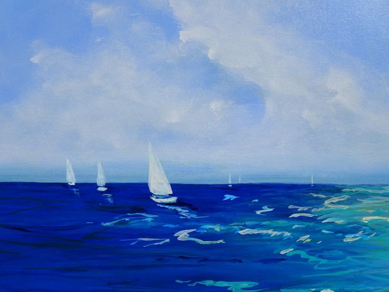 SUMMER BREATH. Large Abstract Seascape Painting. Beach, ocean, waves, sky with clouds, sailboats, sailing, yacht. Modern Impressionism