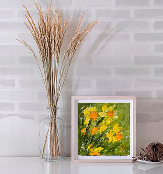 Daffodil Painting Floral Original Art Flower Oil Impasto Artwork Small Wall Art 6 by 6" by Halyna Kirichenko