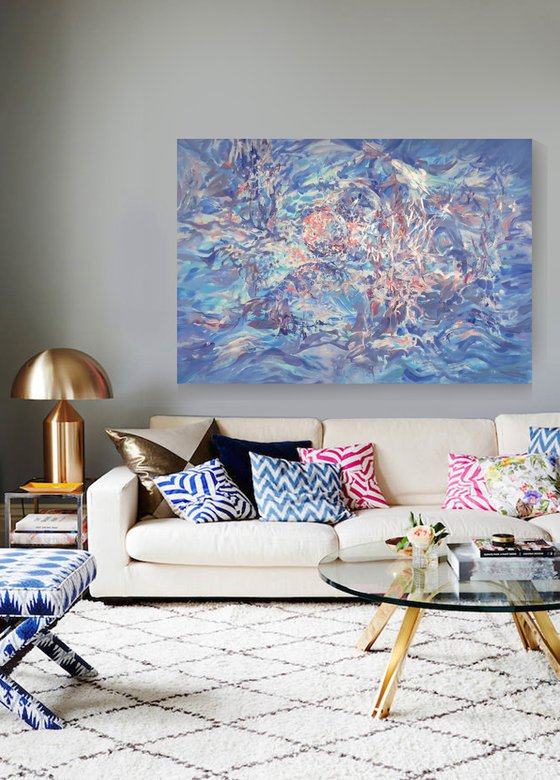 Blue Large acrylic and pearl painting n 100x145 cm unstretched canvas "The sea" i012 art  by Airinlea