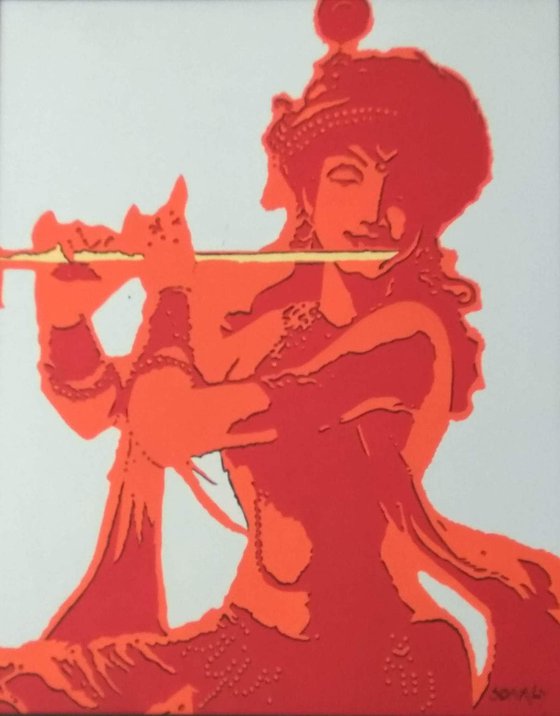 Krishna playing flute in saffron