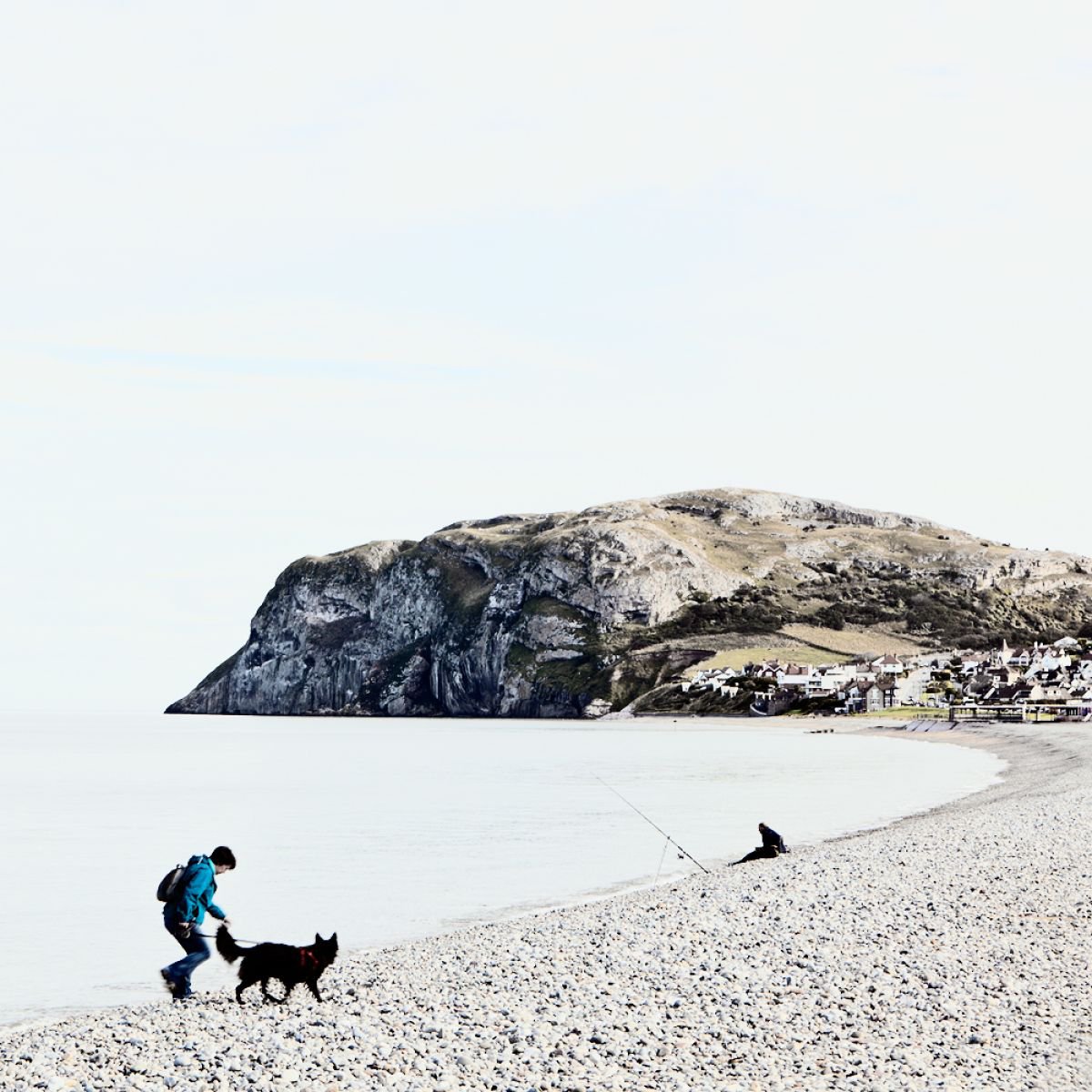 Dog walker & fisherman at Llandudno by Steve Deer