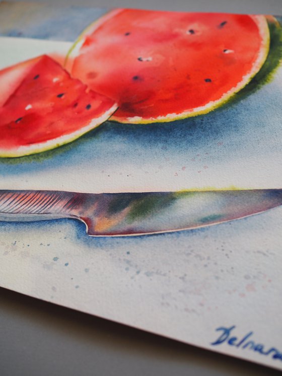 Watermelon and knife - original watercolor