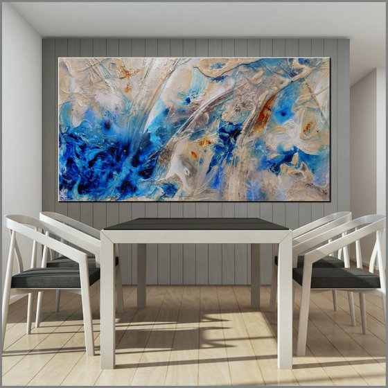 Rockin' The Casbah 190cm x 100cm Cream Blue Textured Abstract Art