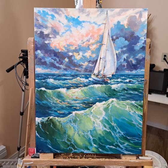 "Sailing into the sun #2", (18x24x1.5") Original, one of a kind, acrylic and golden leaf on gallery-wrapped canvas impressionistic style painting