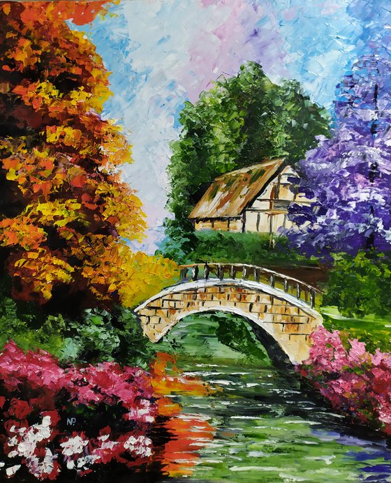 Autumn tale, original landscape bridge tree oil painting, Gift, art for home