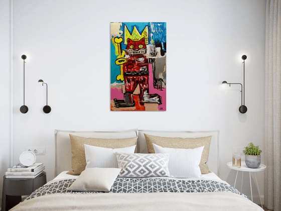 King Cat Troy  in a CROWN ( 81 x 51cm, 32 x 20 inches,) version of famous painting by Jean-Michel Basquiat