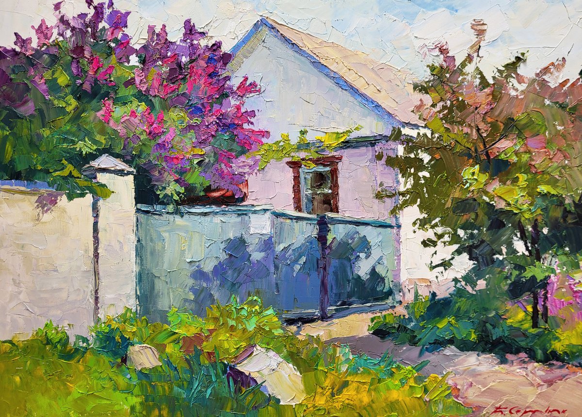 Impressionistic Landscape Oil Painting By Boris Serdyuk, 28 X 20, Lilac Bush, Original Artwork