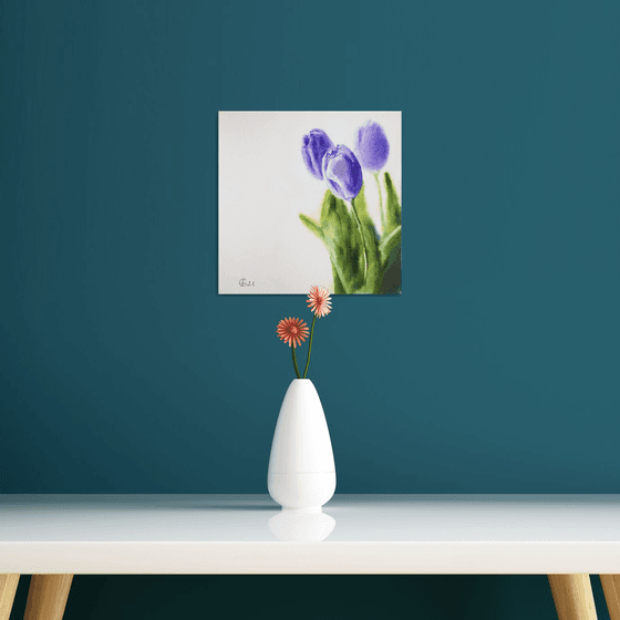 Purple tulips. Minimalistic still life with flowers nature green decor white bouquet wall watercolor small painting original bright gift