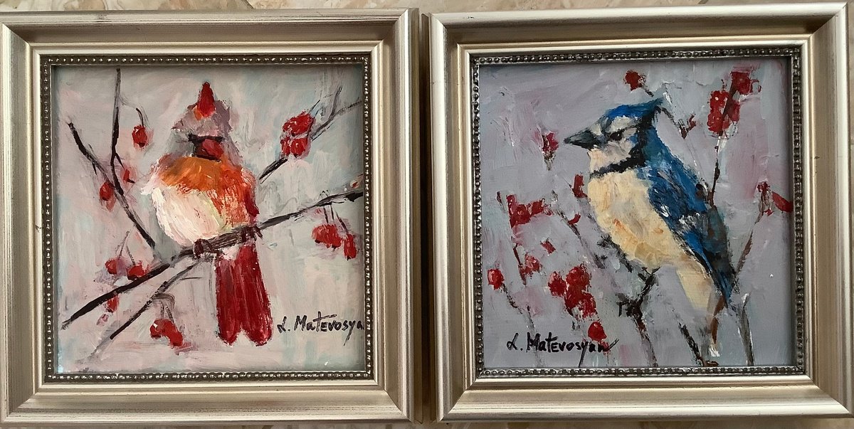 Impressionistic Animal Oil Painting By Lia Matevosyan Haselton, 15 X 8", Blue Jay, Cardinal, Original Artwork
