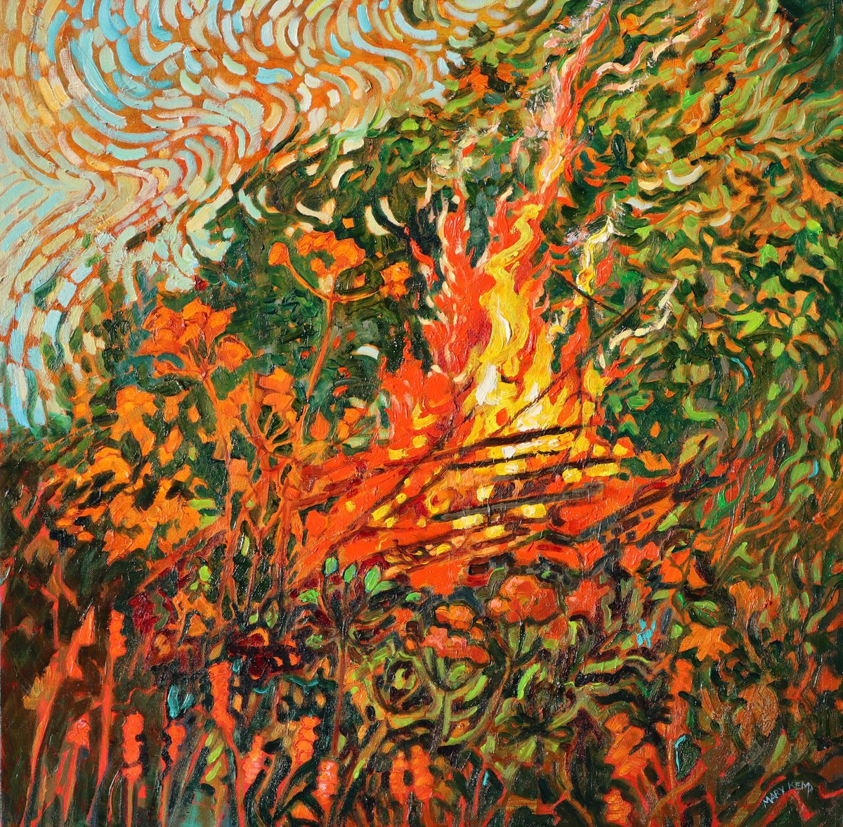 Impressionistic Landscape Oil Painting By Mary Kemp, 20 X 20", Bigger Fires, Original Artwork