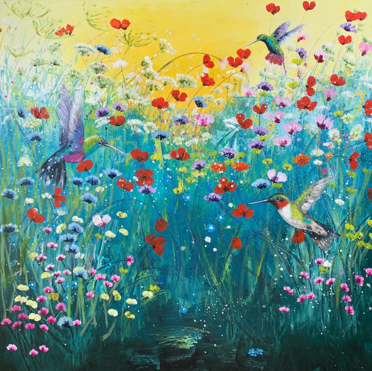 Impressionistic Landscape Oil Painting By Laure Bury, 28 X 28", Free As A Bird, Original Artwork