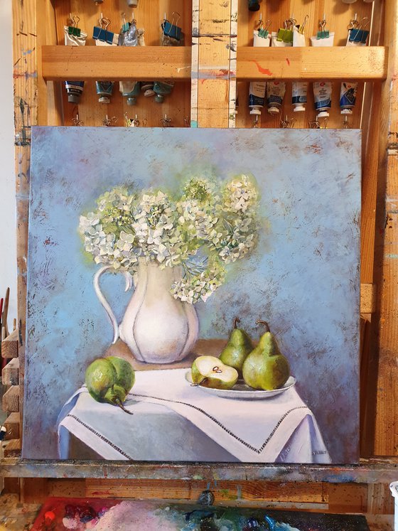 "Still Life with Hydrangea and Pears"  pears  liGHt original painting PALETTE KNIFE  GIFT (2019)